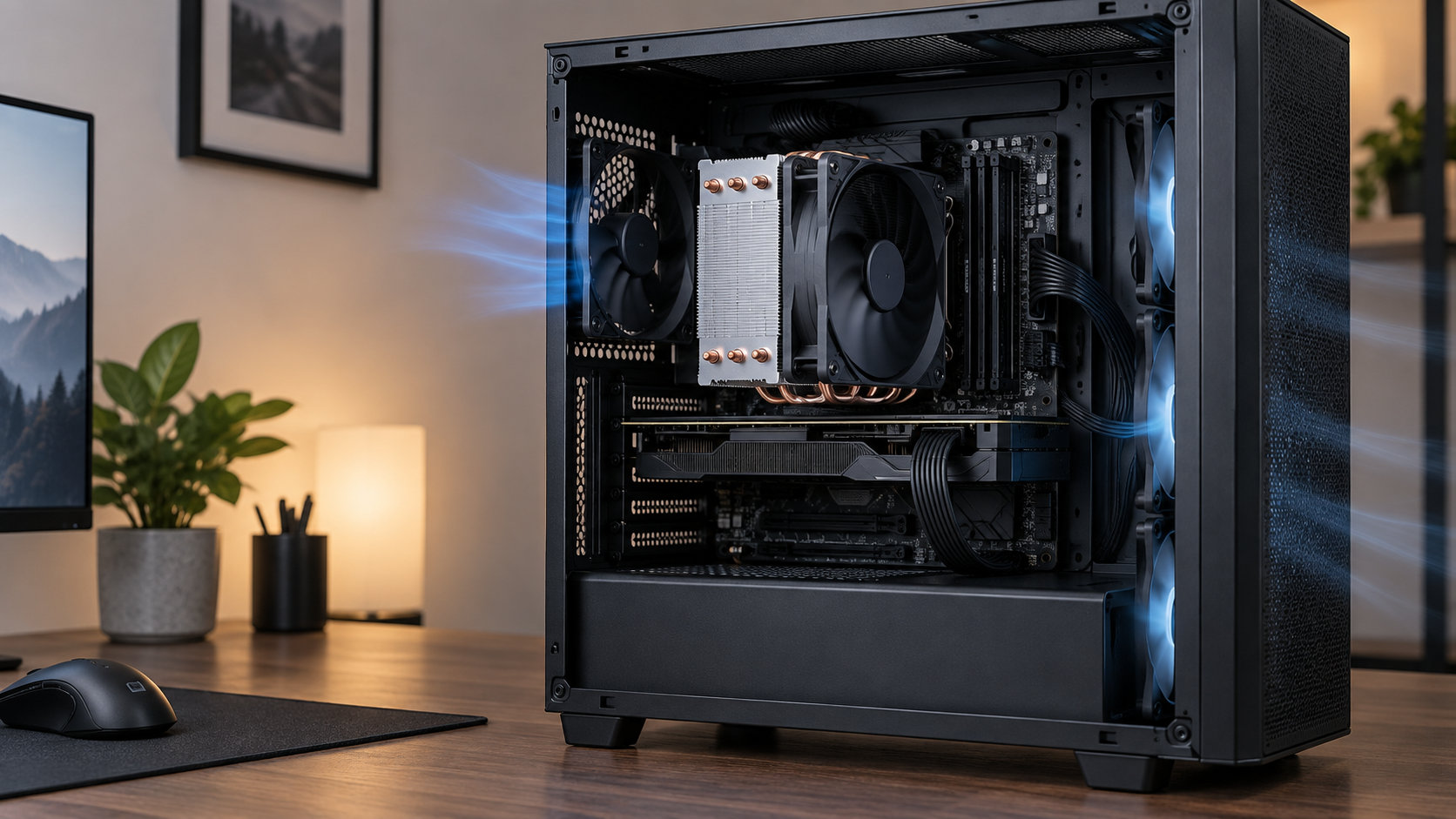 大型の空冷CPUクーラーを搭載した黒いデスクトップPCとケース内のエアフロー