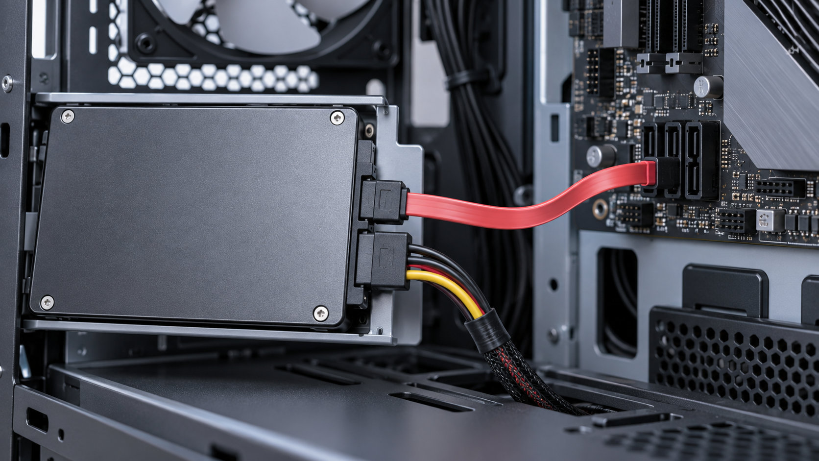 SATAケーブルで2.5インチSSDをマザーボードに接続した様子