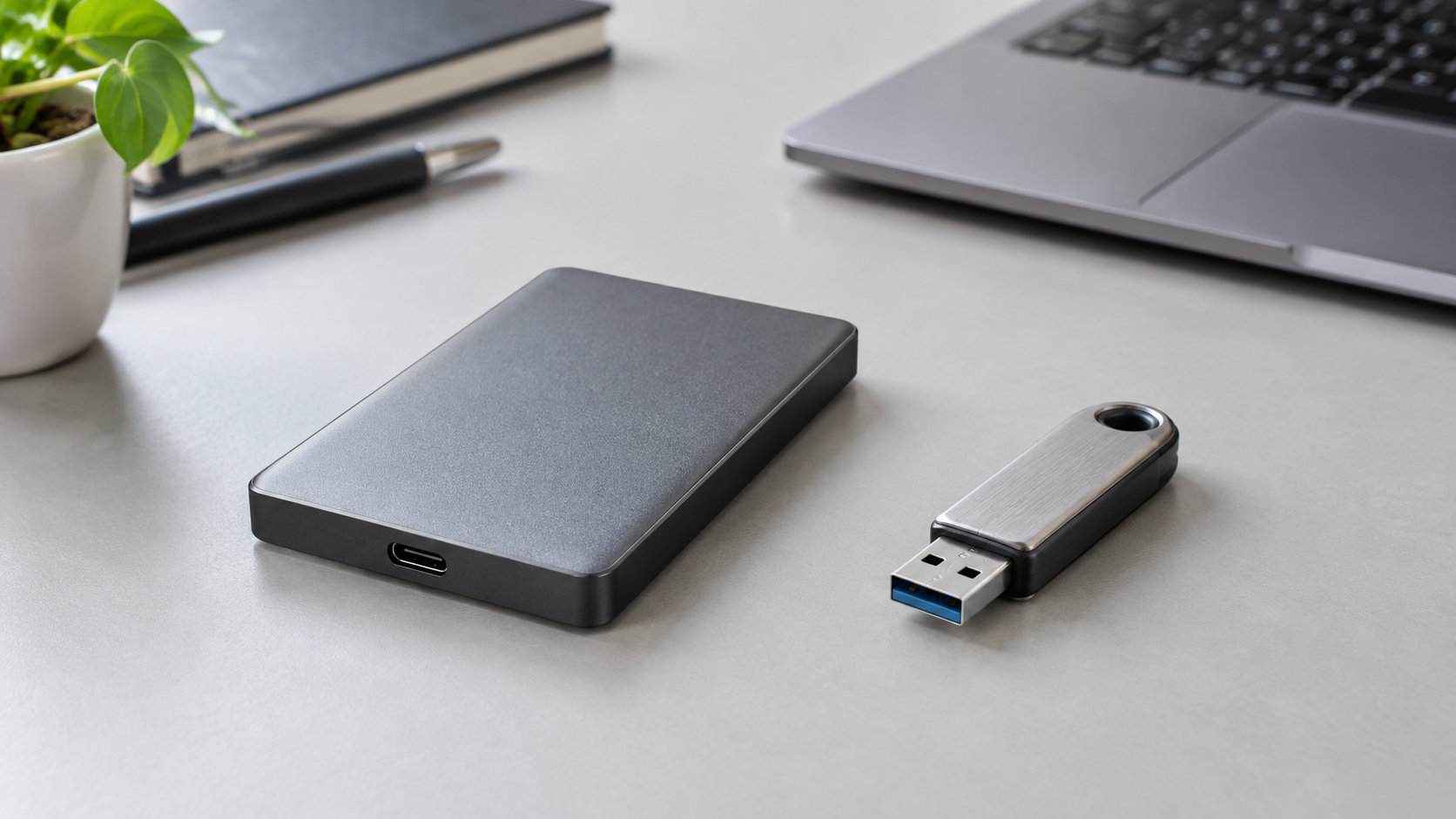 外付けSSDとUSBメモリをデスクに並べた比較イメージ
