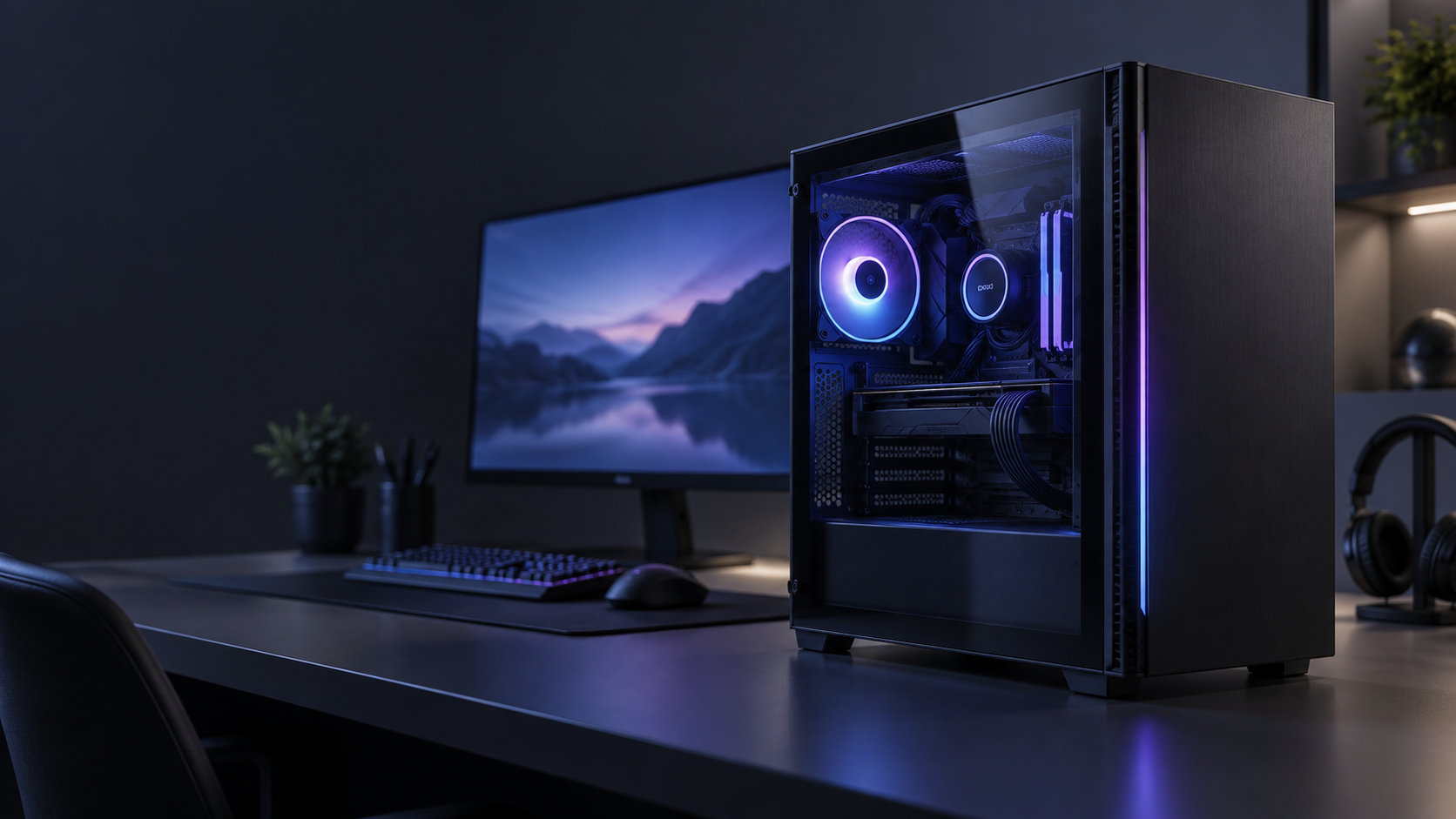 黒いBTOゲーミングPCとモニターを配置したデスクのイメージ