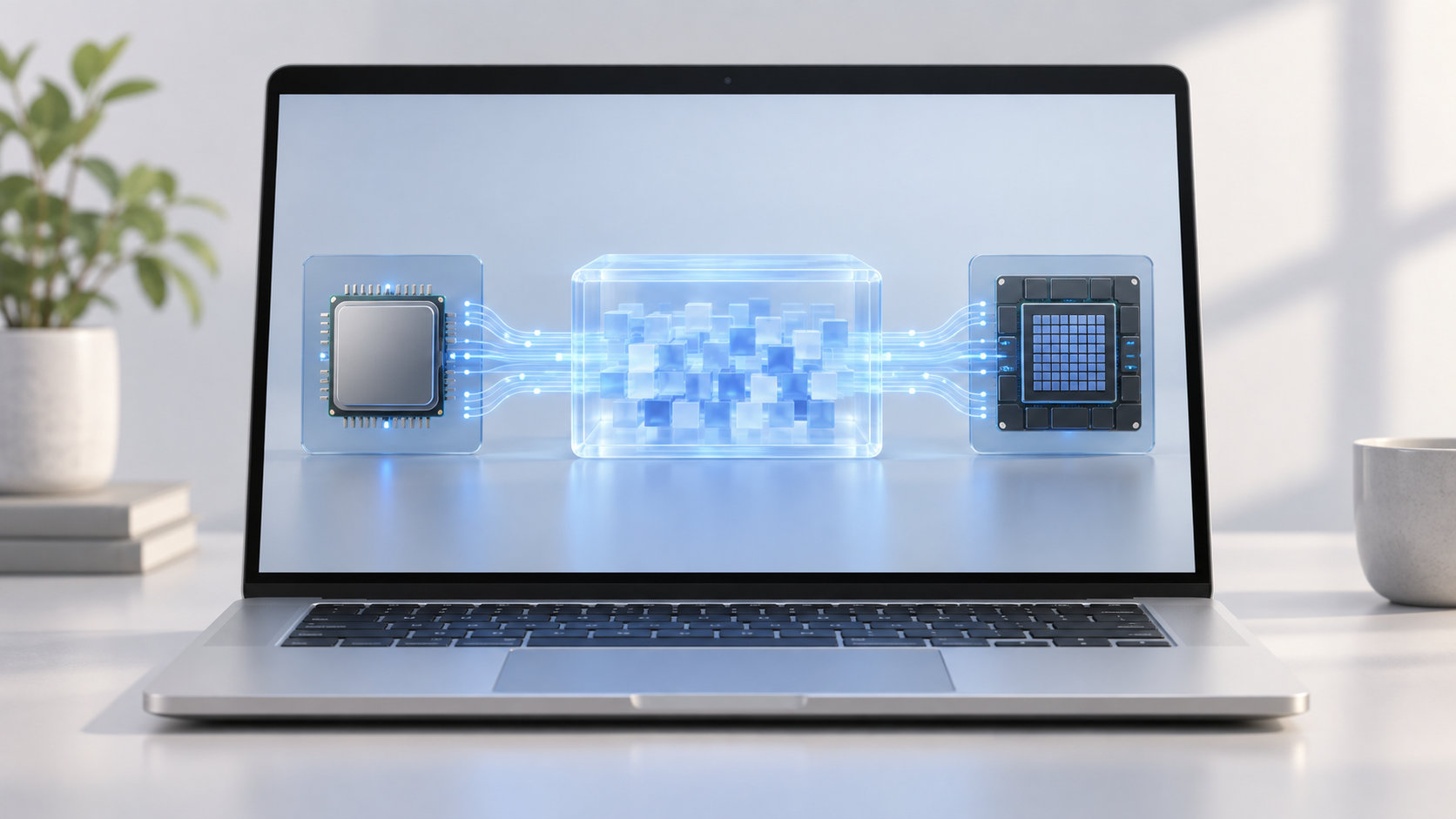 CPUとGPUが1つの共有メモリを利用する構成を表したノートパソコンの概念イラスト