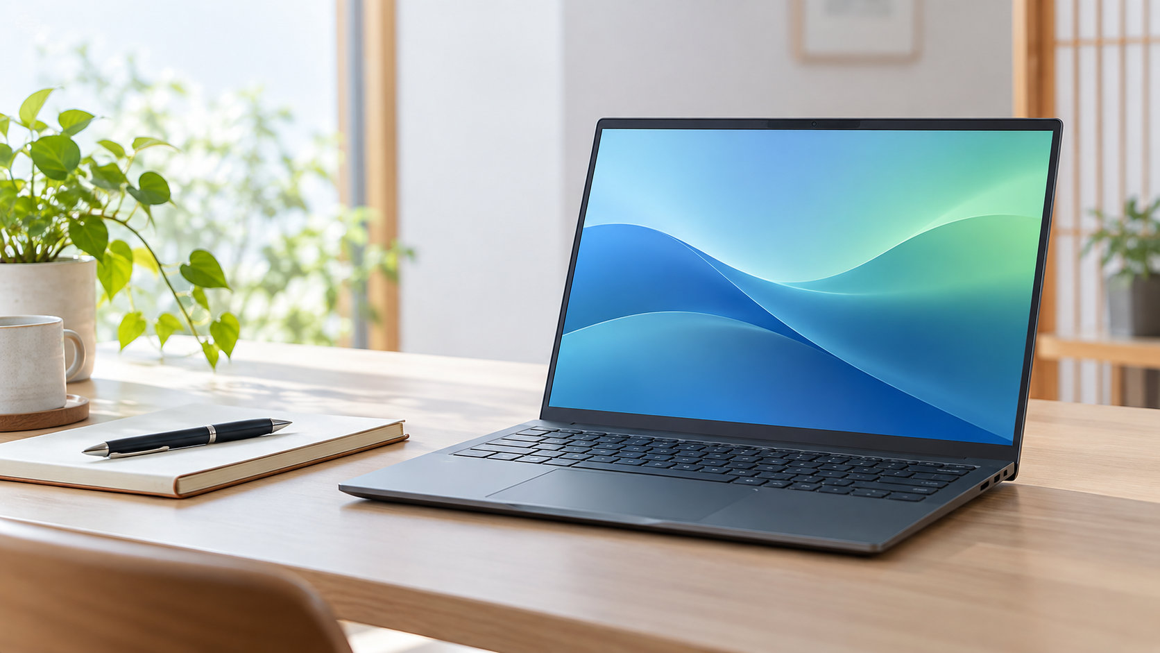 明るい机の上で開いた薄型ノートパソコンと評価項目を考えるためのノート