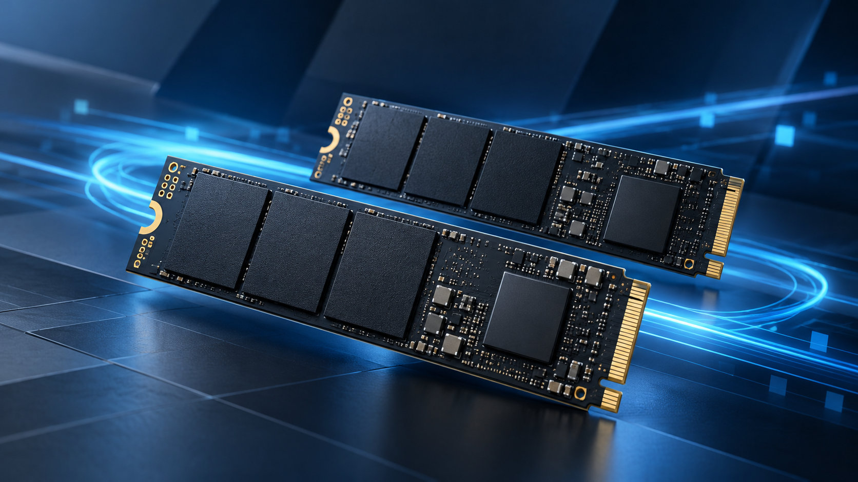 M.2 SSDをイメージした黒い基板と青いデータ光線