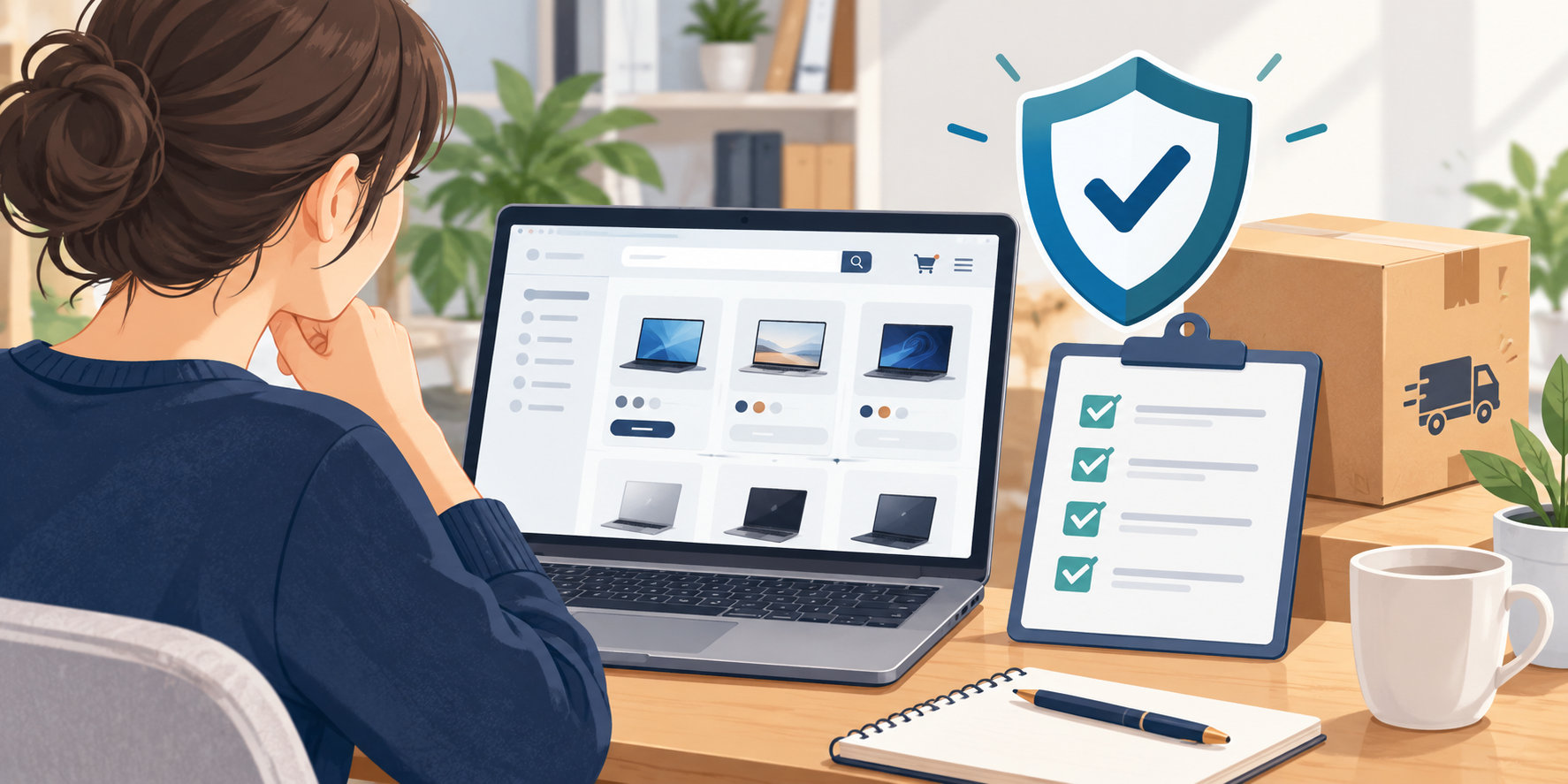 PC通販で購入前に販売店の安全性と利用条件を確認するイメージ