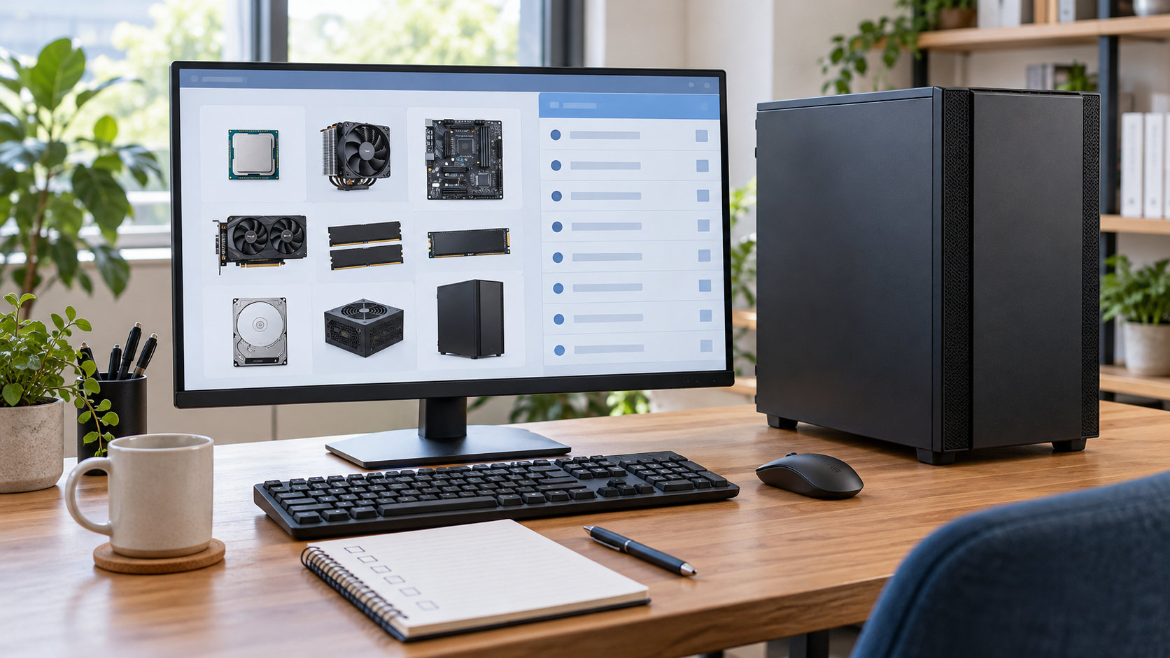 デスクトップPCの構成と購入条件を確認する作業机