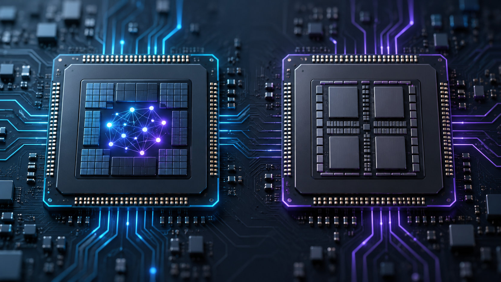 Core Ultra 5とCore i5の違いを比較するイメージの2種類のCPUチップ