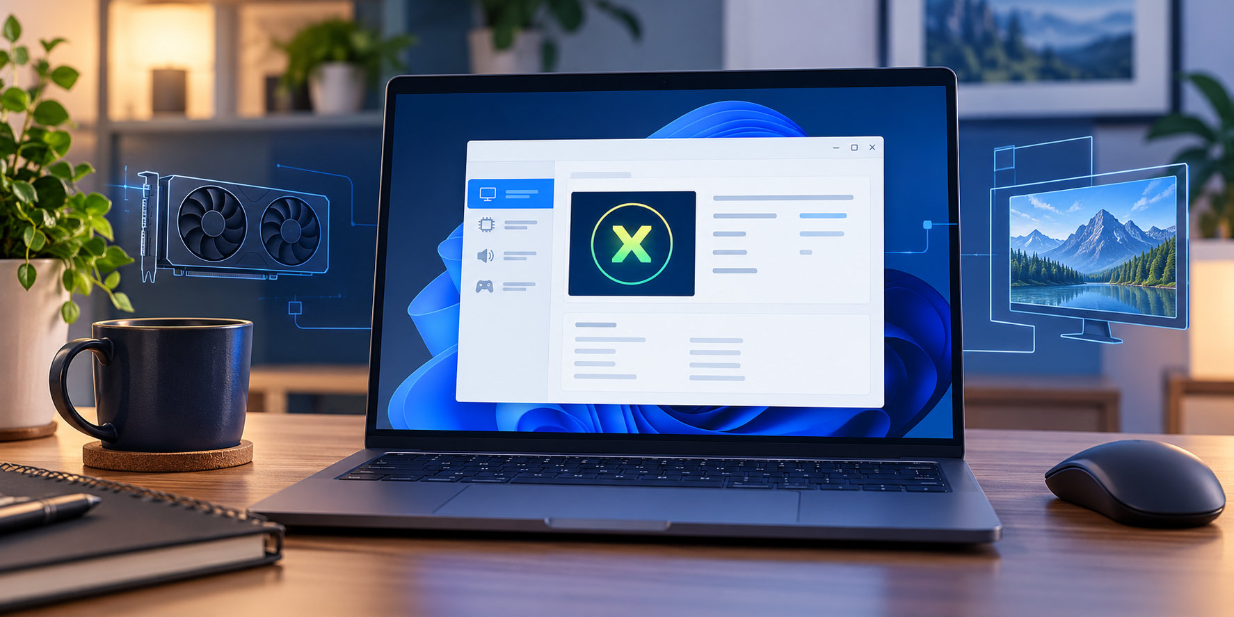 ノートPCの画面でDirectXの診断情報を確認するイメージ