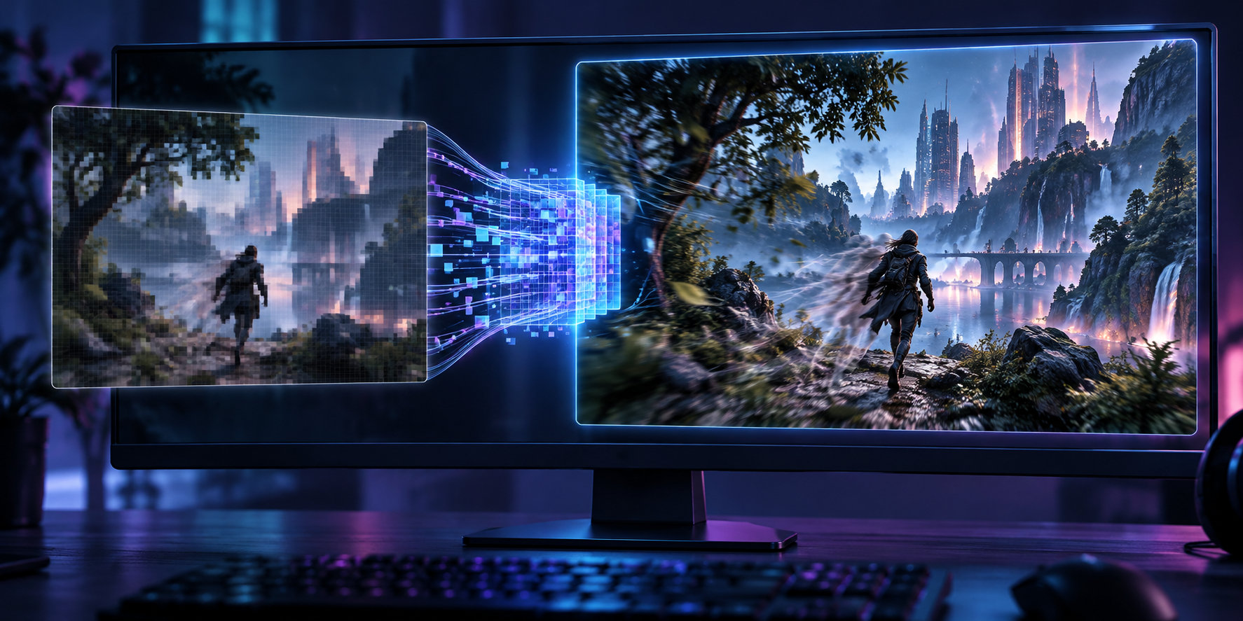低解像度のゲーム映像がAIで再構成されるイメージ