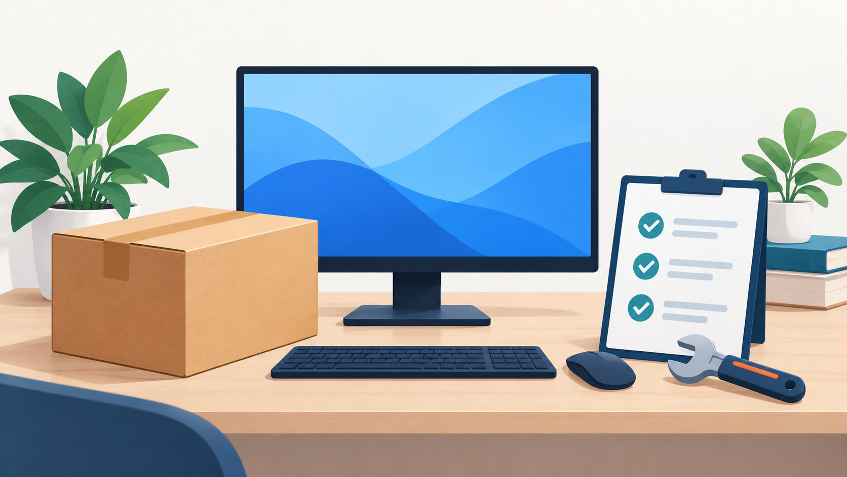 注文・配送・修理の確認をイメージしたPCサポート案内のイラスト
