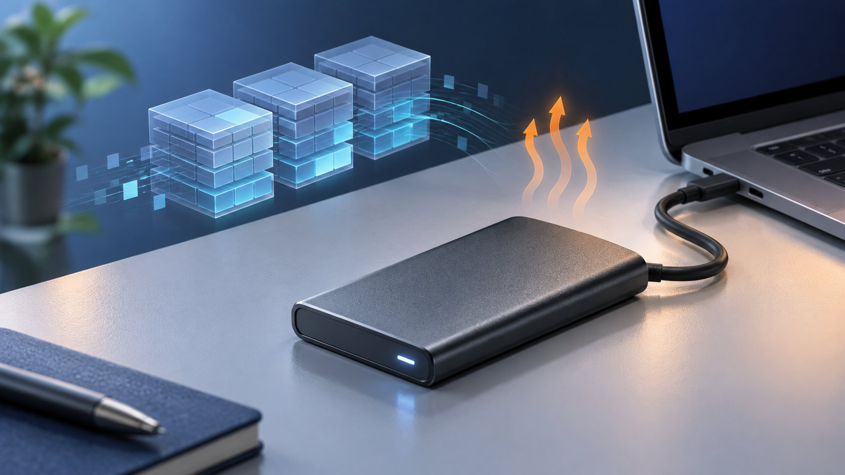 外付けSSDとUSB-Cケーブル、熱とフラッシュメモリをイメージした図