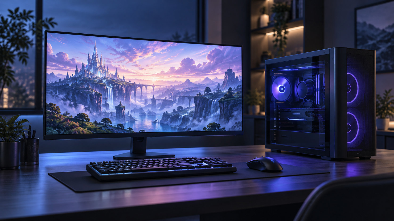FF14用ゲーミングPC選びをイメージしたデスクトップPCとモニター