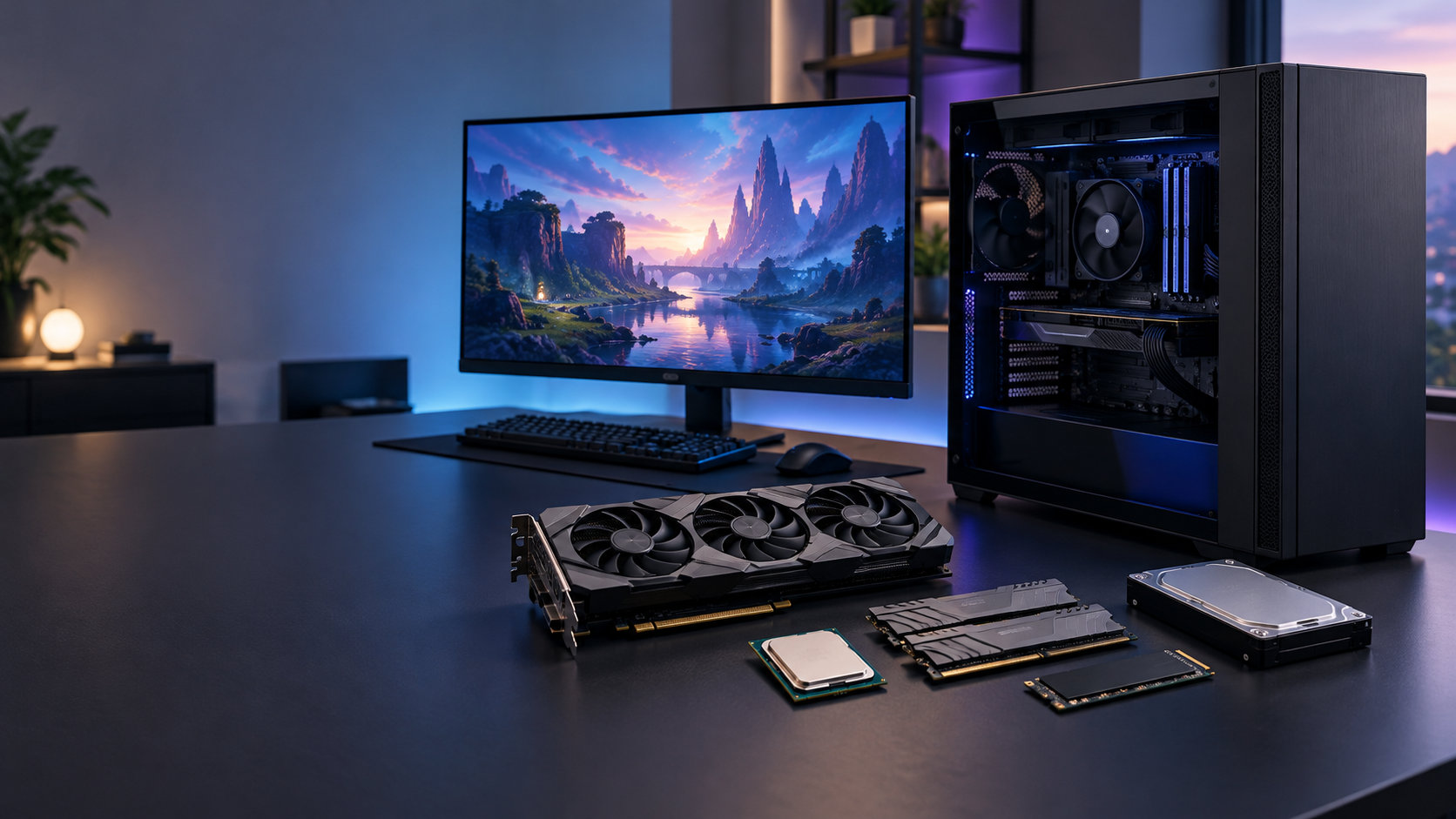 ゲーミングPCのパーツ構成を検討するデスク環境