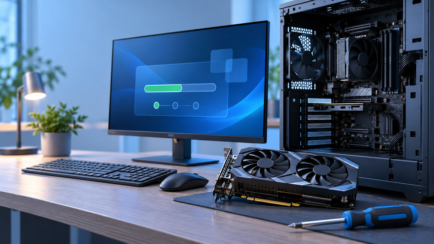 デスクトップPCのグラボ交換とドライバー更新を表す、開いたPCケースとモニターのイラスト