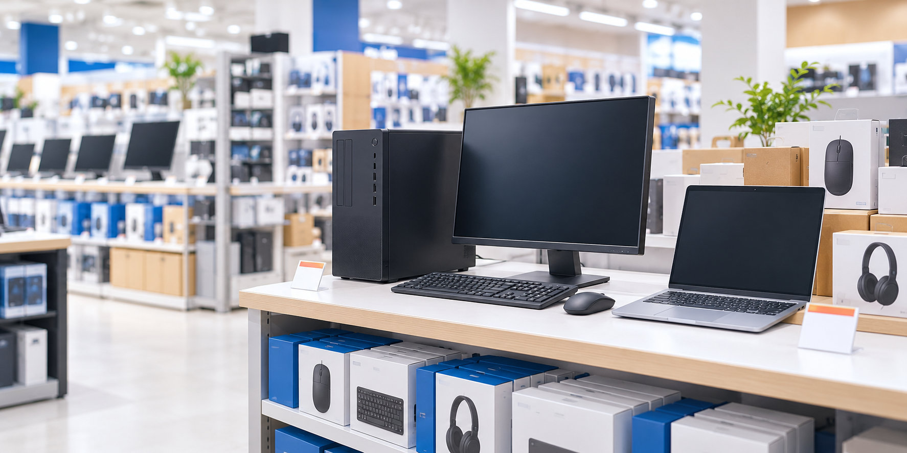 パソコン販売店でデスクトップPCとノートPCの価格や条件を見比べるイメージ