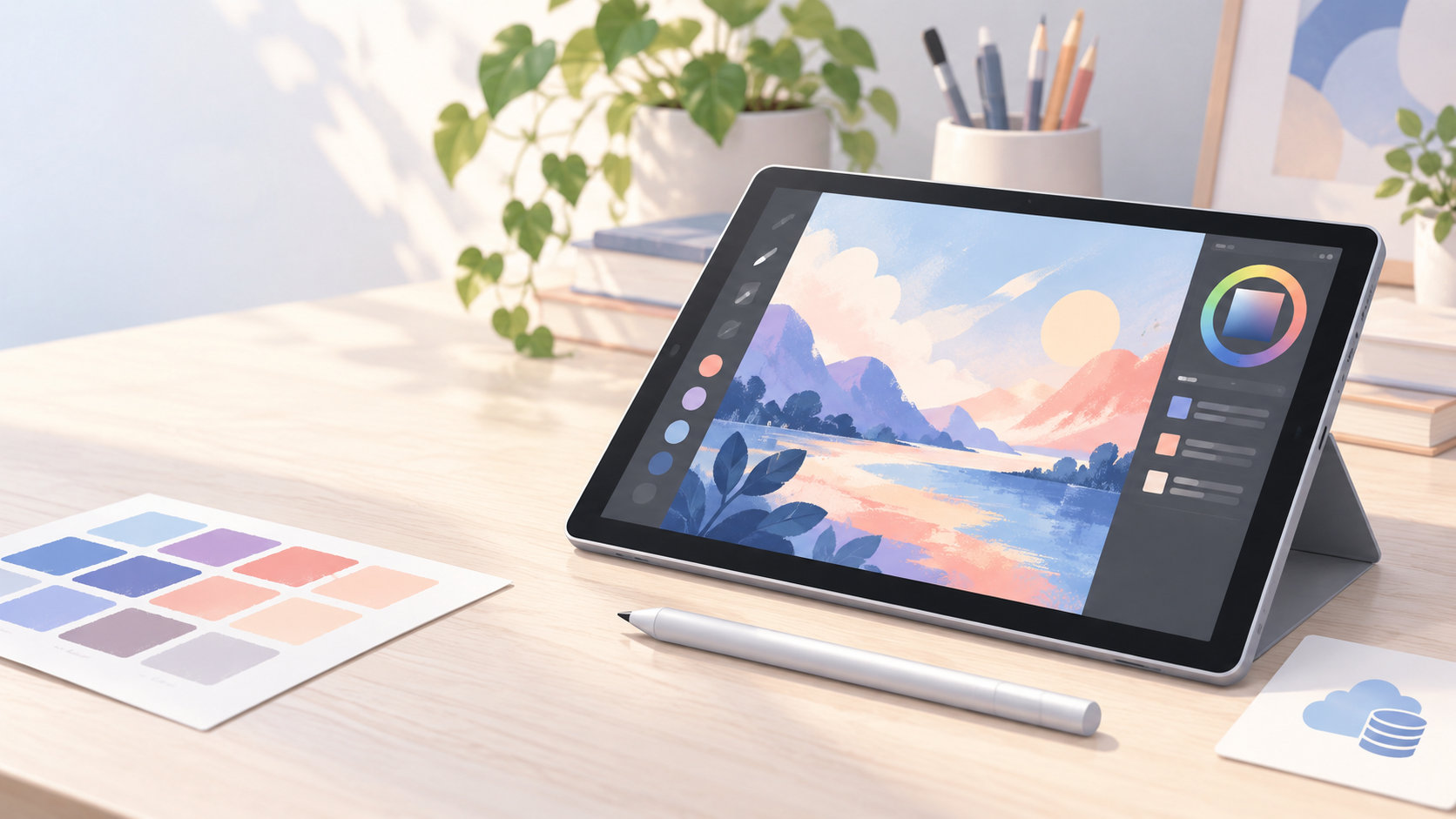 イラスト制作向けタブレットとスタイラスを机に置いたイメージ