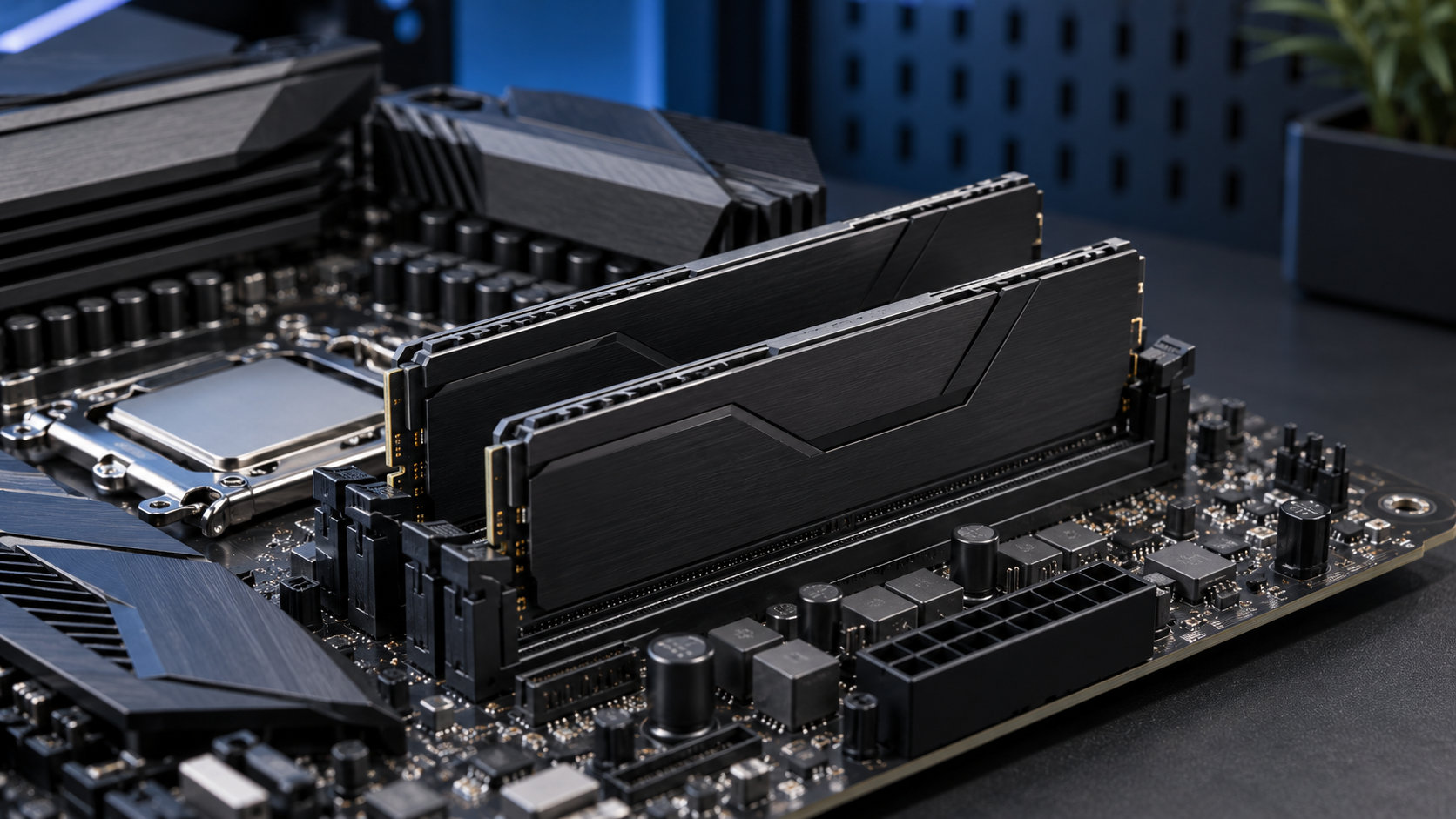 デスクトップ用メモリを装着したマザーボードを表すPCメモリ解説用のイラスト