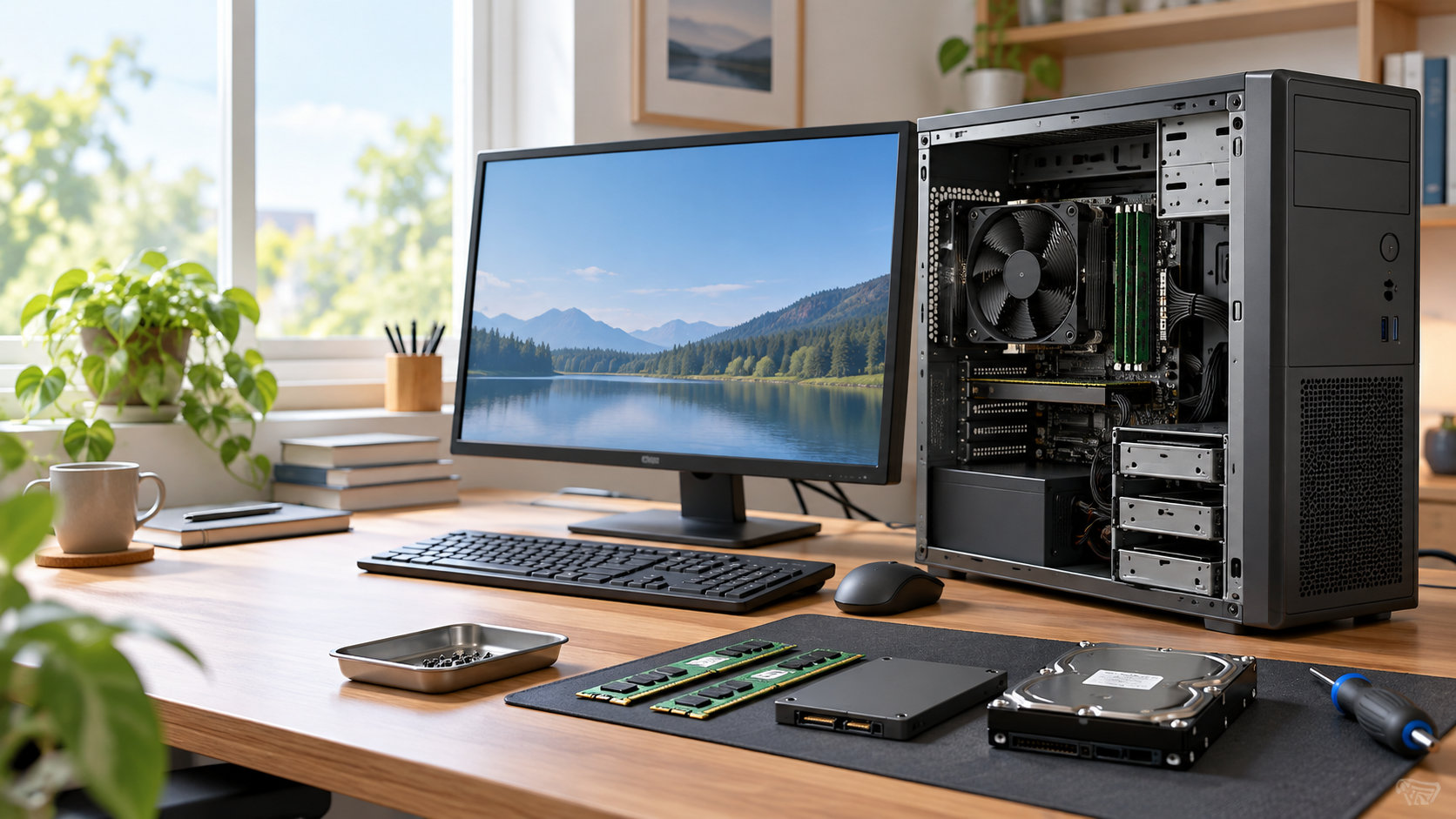 古いデスクトップPCとメモリやSSDを確認する机
