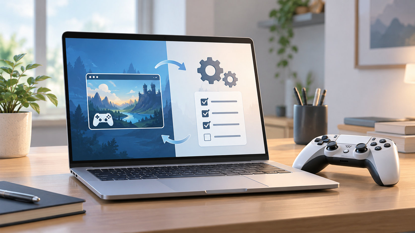 ゲーム画面とチェックリストを表示したノートパソコンとゲームコントローラー