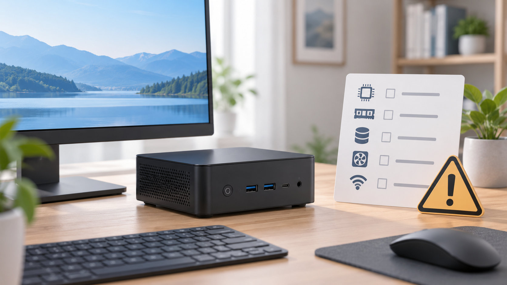 机の上に置かれた小型PCと購入前の確認項目を示すチェックリスト