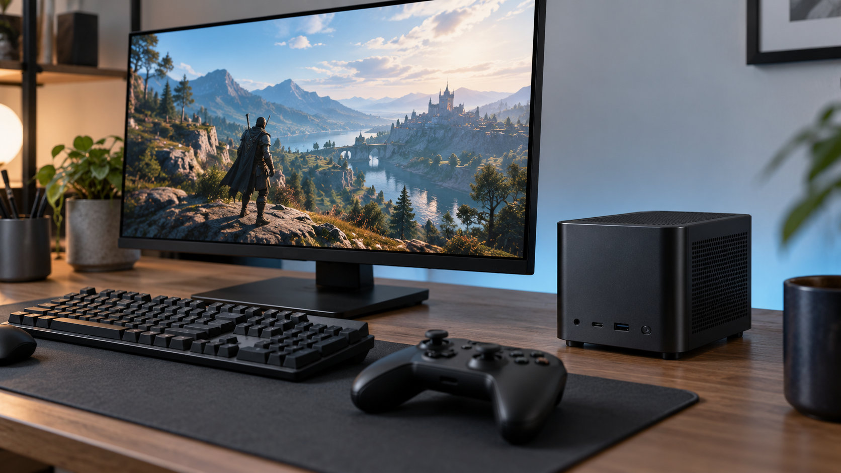 モニターとゲームパッドの横に置いた小型ミニPCのゲーム環境