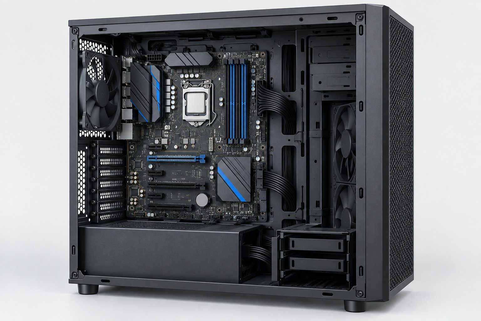 側面パネルを外したデスクトップPC内部に取り付けられたマザーボード
