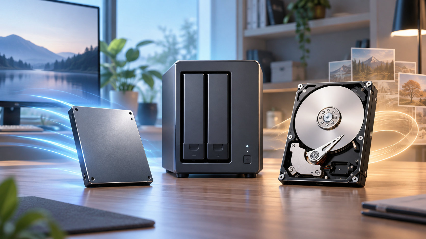 NAS筐体とSSD・HDDを並べて用途別のストレージ選びを示すイラスト