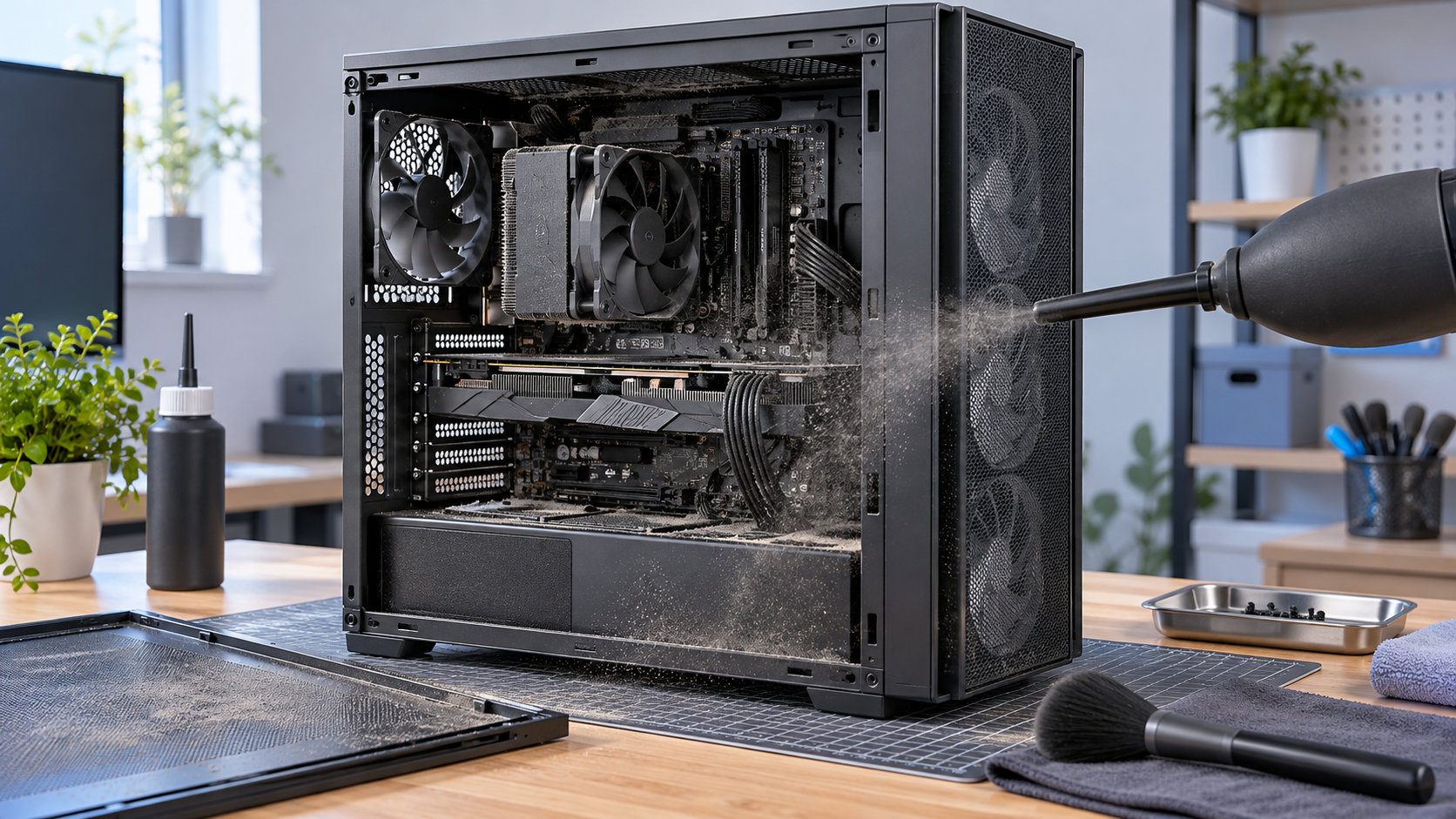 デスクトップPC内部のホコリをエアブローで掃除するイメージ