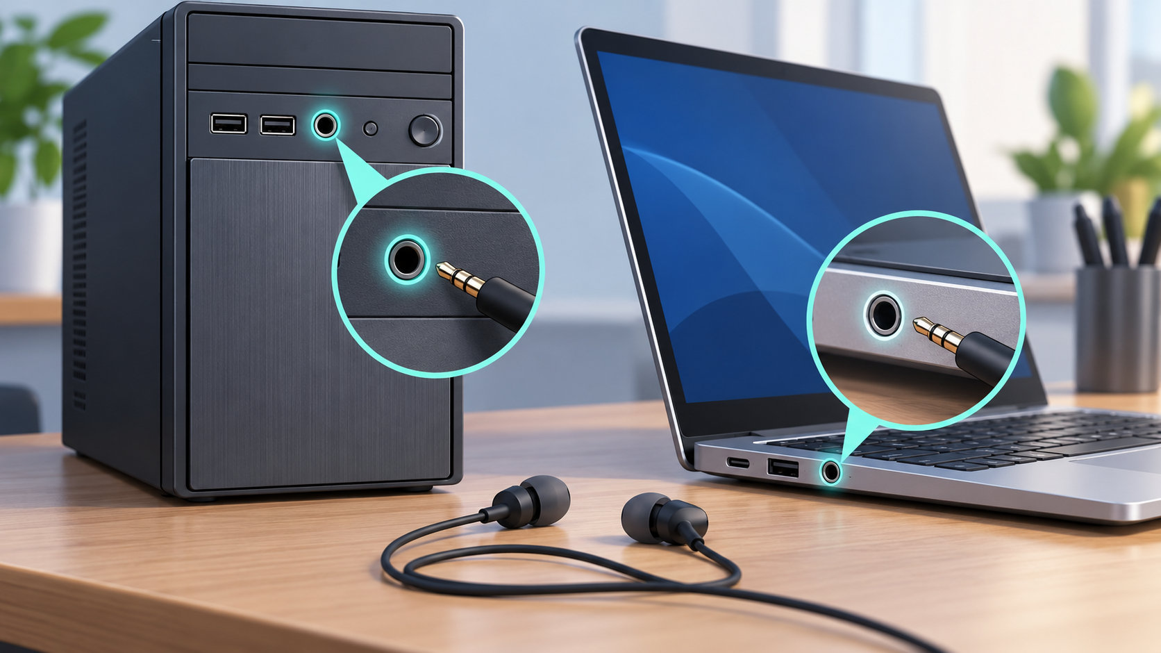 デスクトップPC前面とノートPC側面のイヤホン端子の位置を示すイラスト