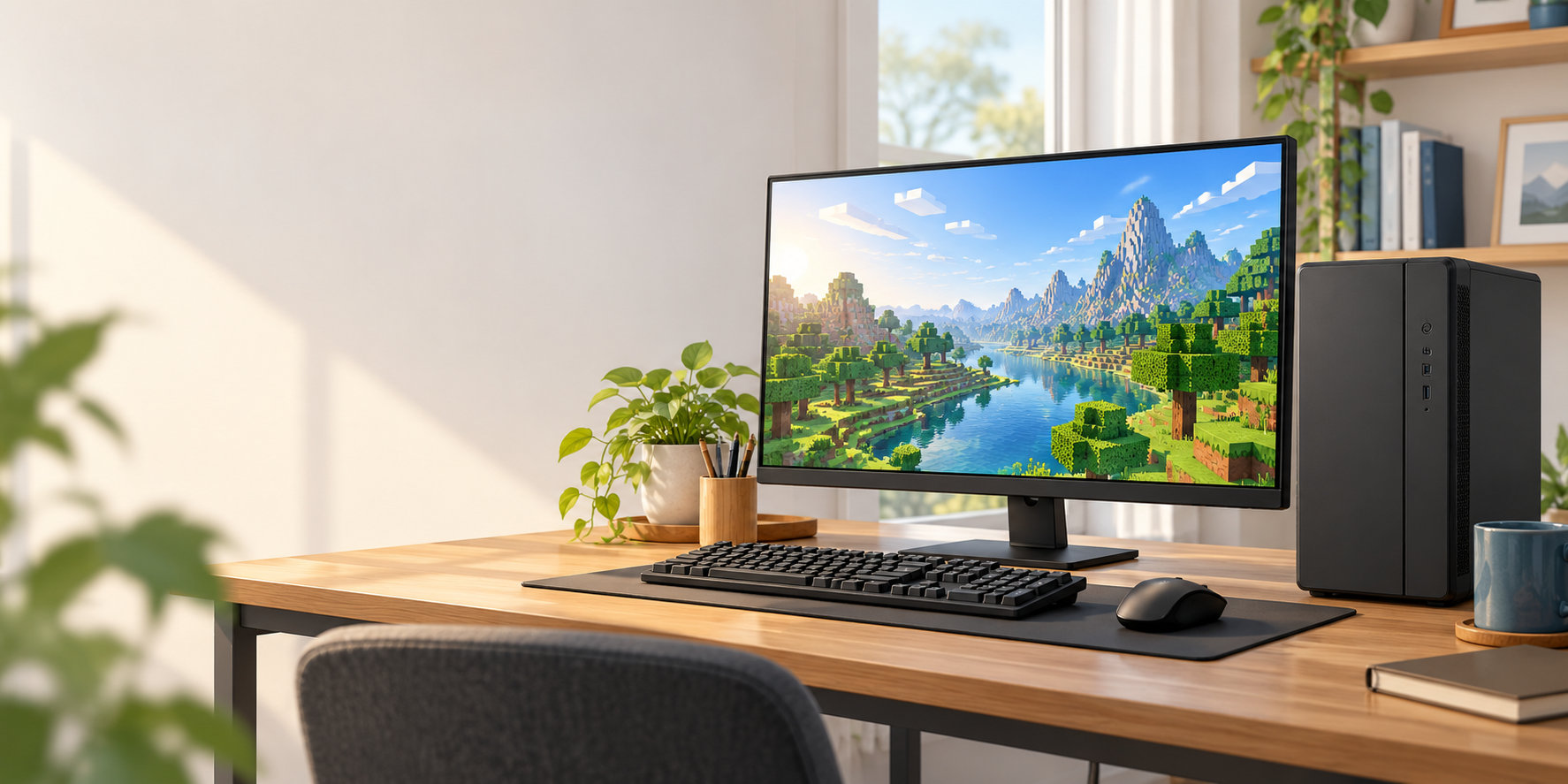 ブロックゲームを表示したモニターと手頃なデスクトップPCのデスク環境