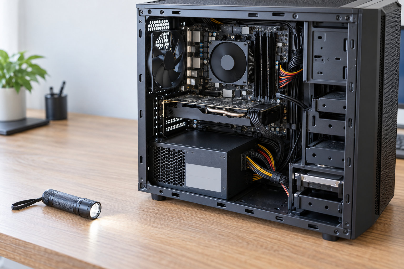 サイドパネルを外したデスクトップPCの底部にある電源ユニットを確認するイメージ