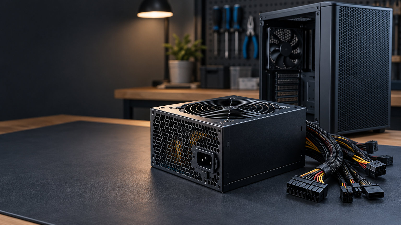 PCケースの横に置かれた電源ユニットと電源ケーブル