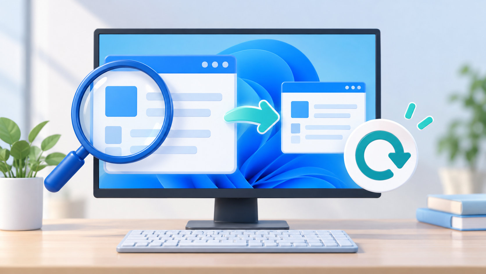 青いモニター画面と拡大鏡、通常表示へ戻る矢印を描いたPC表示設定のイラスト