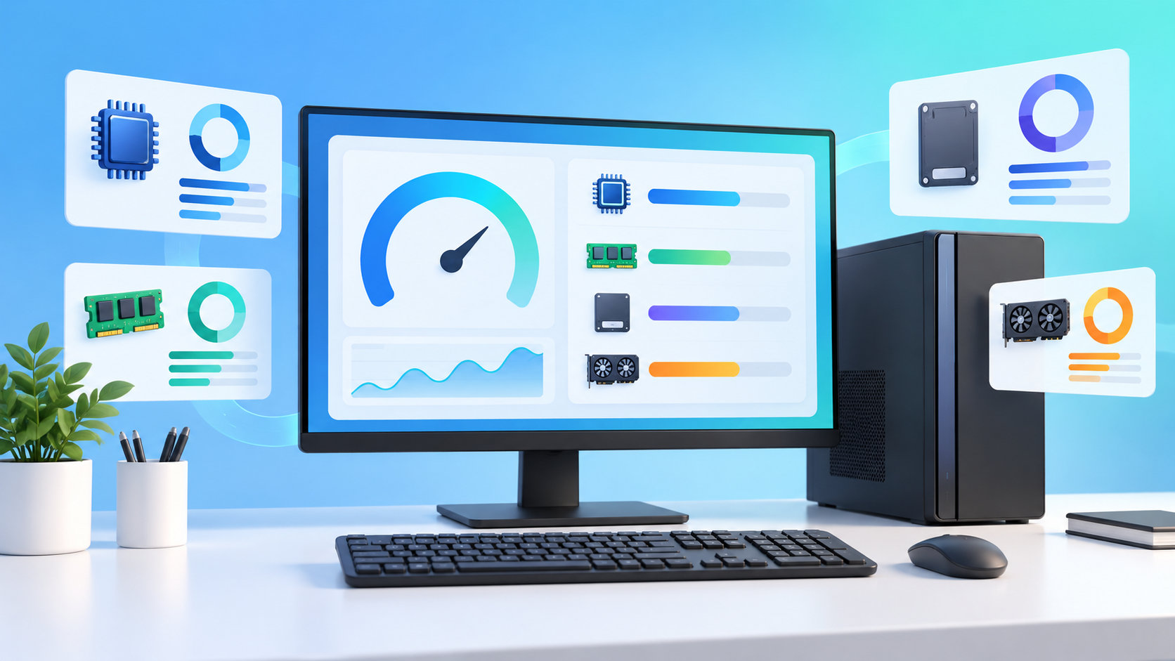 PCのスペック診断をイメージしたモニターとデスクトップPCのイラスト