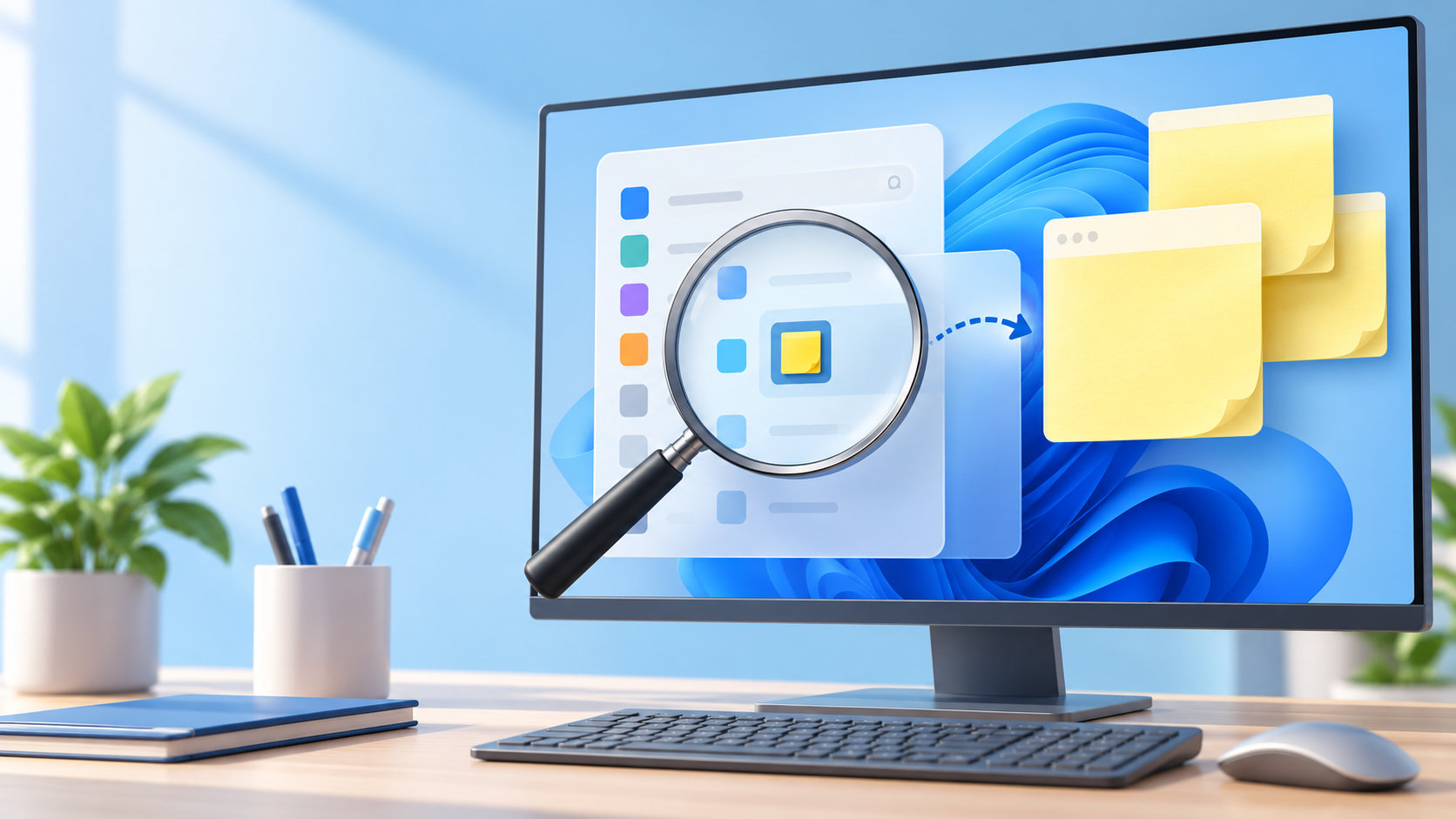Windows 11の画面で付箋アプリを検索して見つけるイメージ