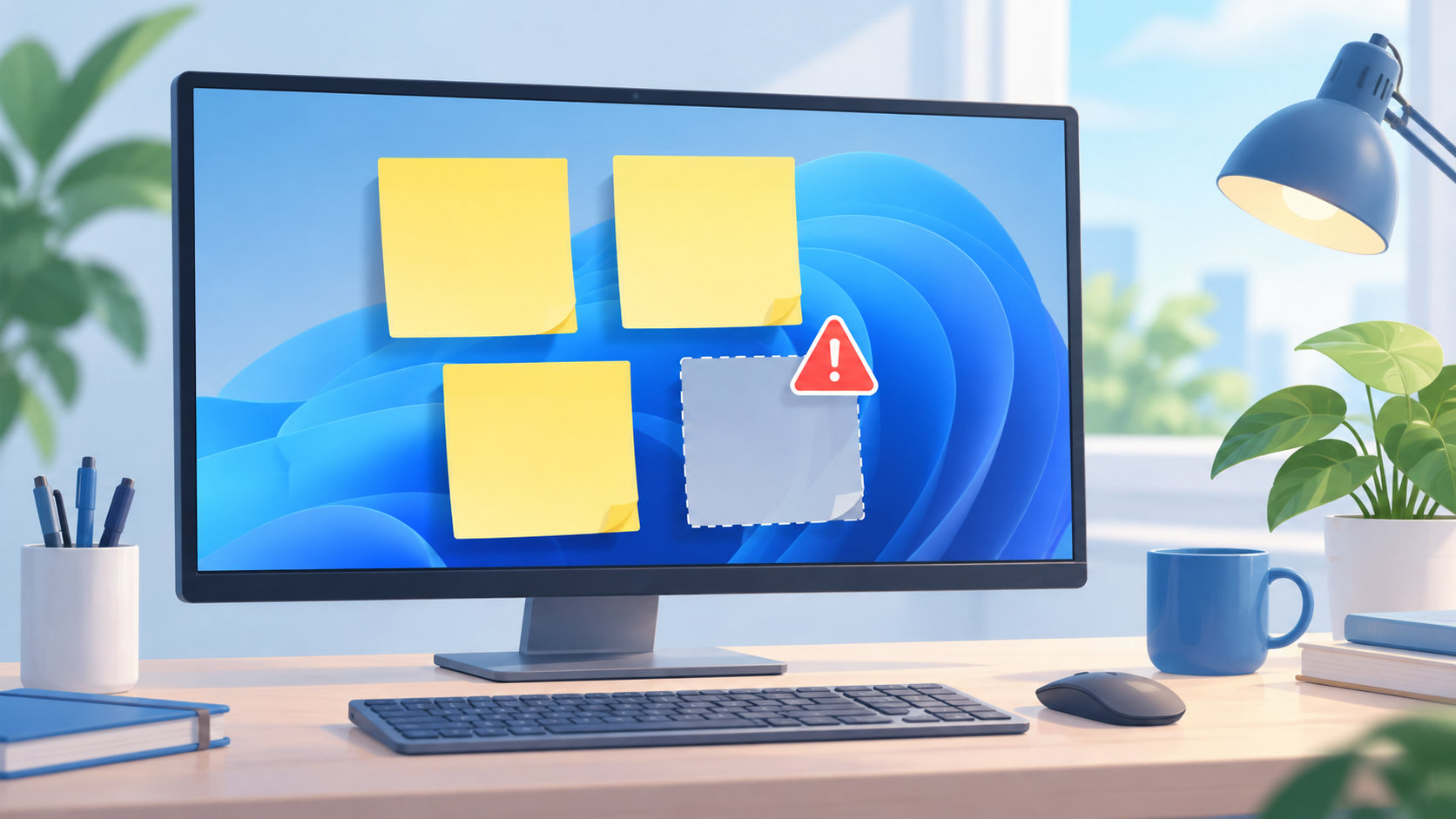 Windows 11のデスクトップで付箋が表示されず警告が出ているイメージ