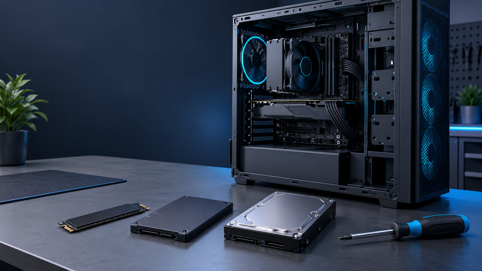 開いたゲーミングPCケースとM.2 SSD・2.5インチSSD・HDDを並べたストレージ増設のイメージ