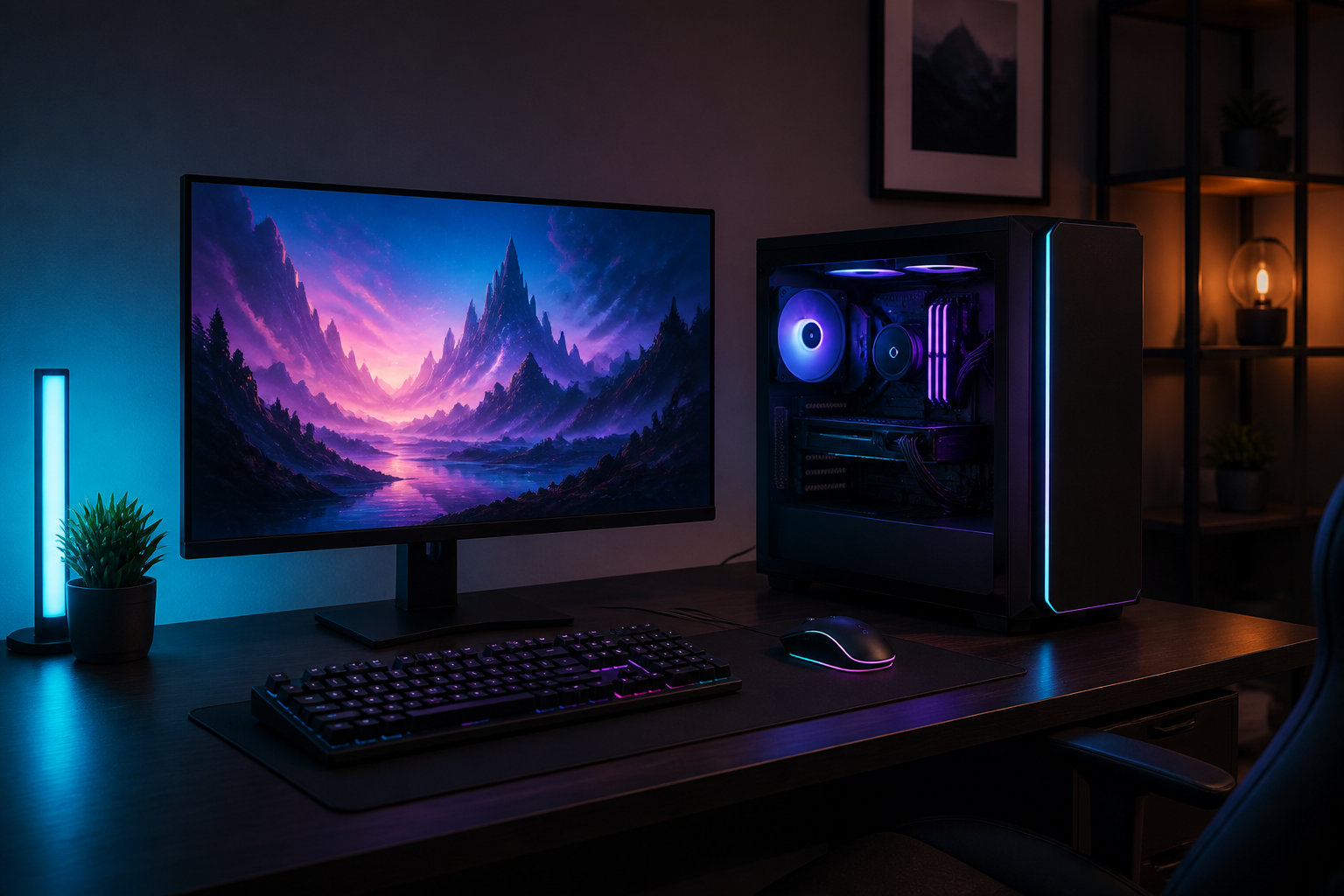 ゲーミングPCとモニターを置いた机で購入条件を考えるイメージ