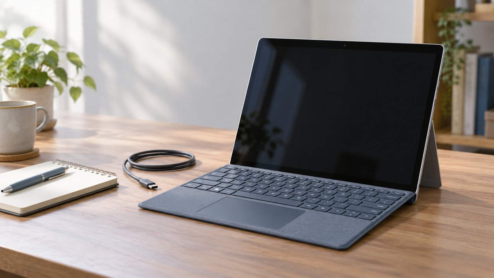 ロゴが消えて起動しないSurfaceを確認する場面を表した、画面が暗い2-in-1 PCと電源ケーブル