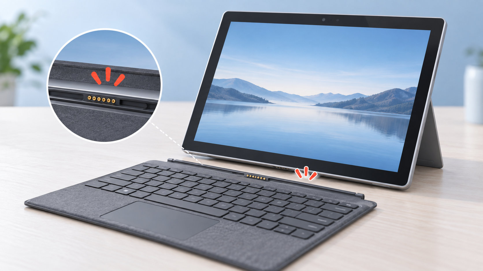 タブレットと着脱式キーボードの接続部分を確認するイメージ
