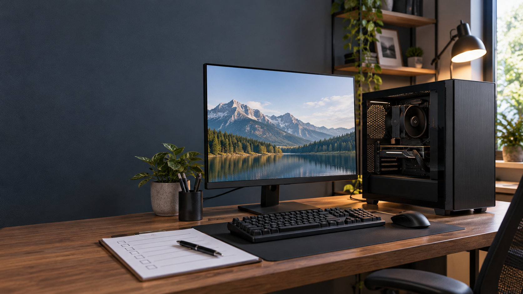 購入前の確認をイメージしたデスクトップ型ゲーミングPCとモニターのある机