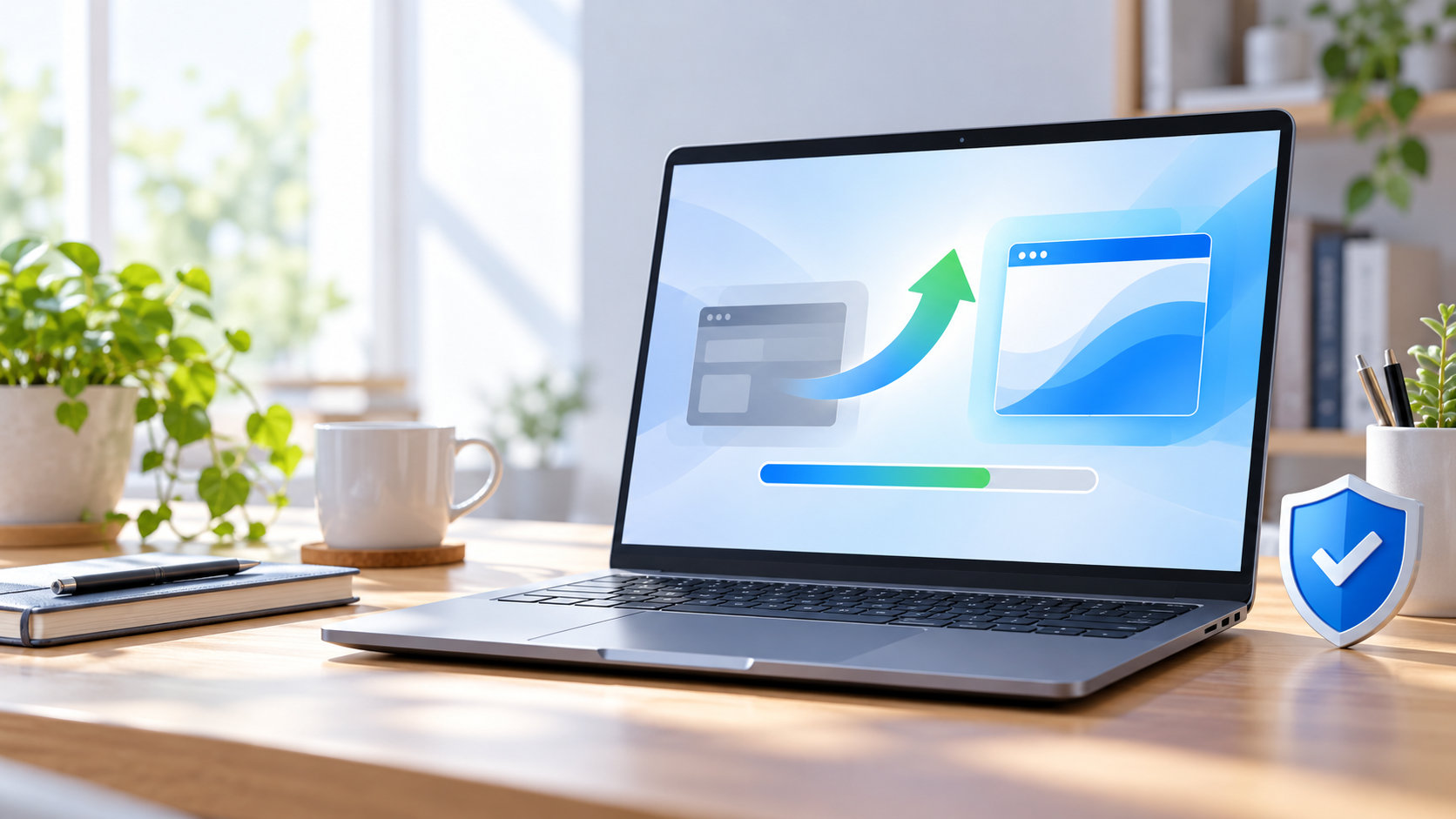 Windows 10からWindows 11へのアップグレードを示すノートPCと進行バー
