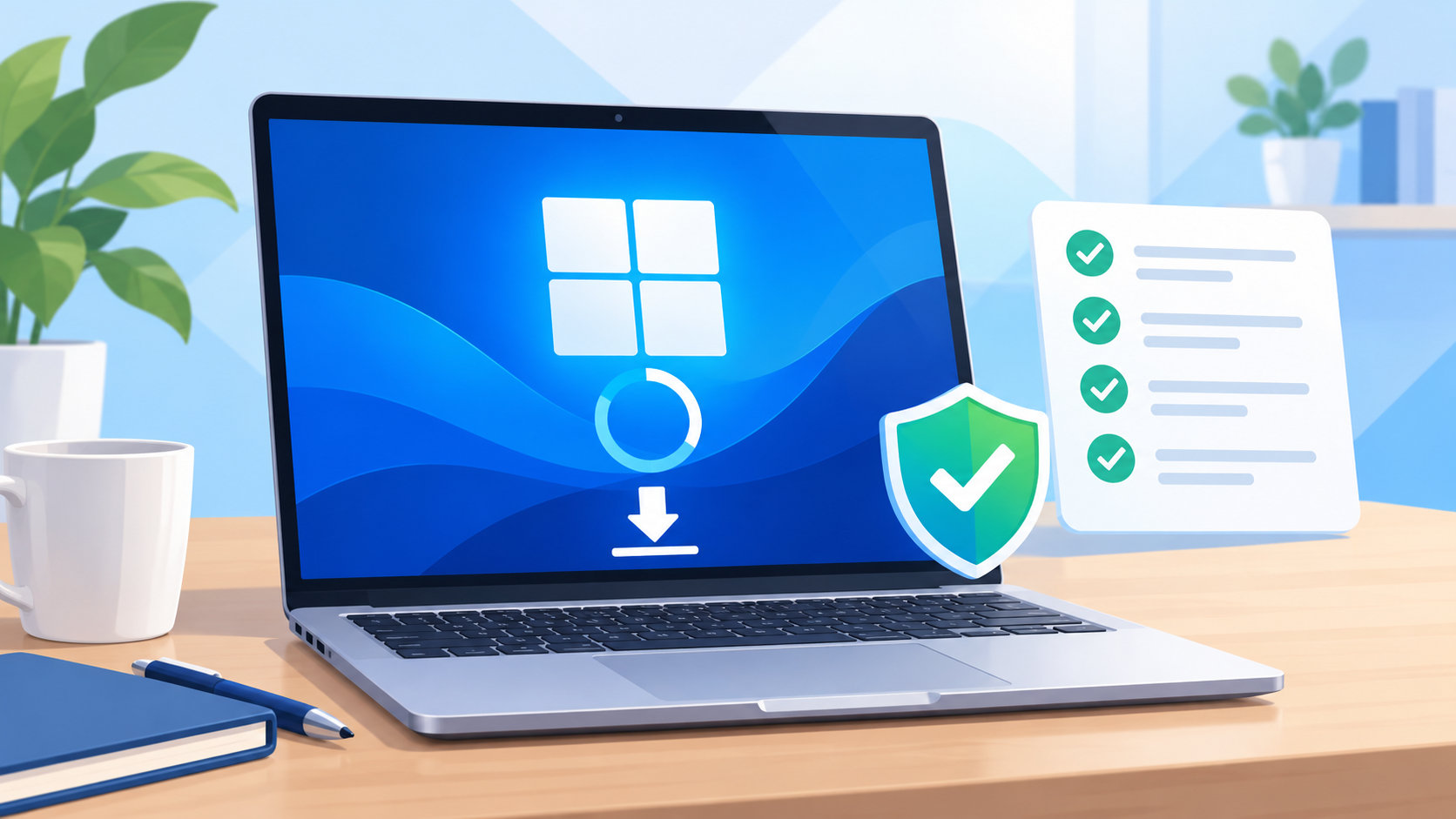 ノートパソコンの画面に更新の進捗と互換性チェックを示すアイコンが描かれたWindows 11アップグレードのイラスト