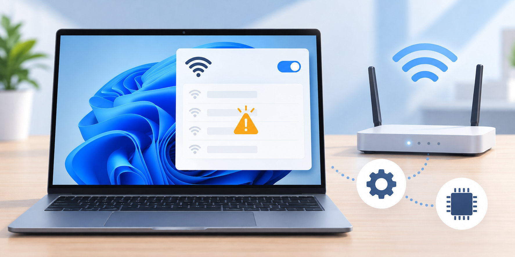 Wi-Fi一覧が表示されないノートパソコンと無線ルーター、設定やドライバーを示すアイコンのイラスト